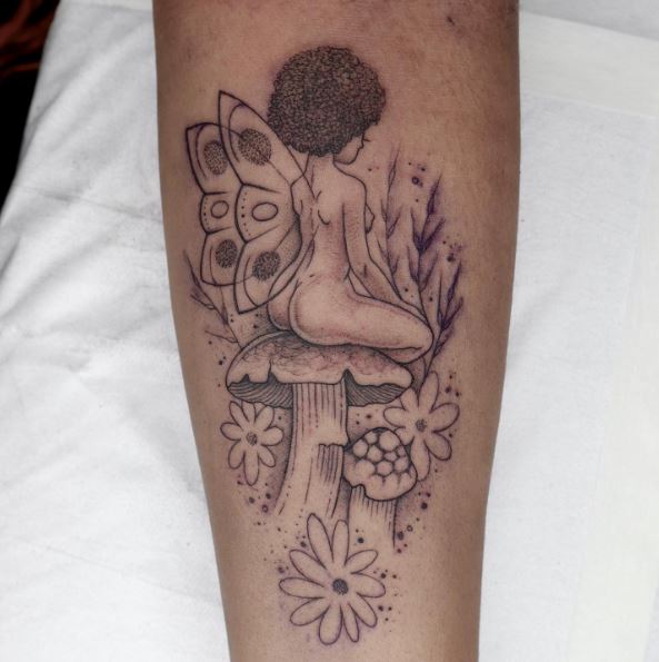 Black & Grey Lady Angel on Mushroom Tattoo