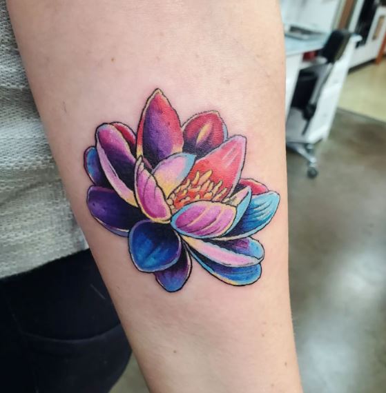 Colorful Bloomed Water Lily Leg Tattoo