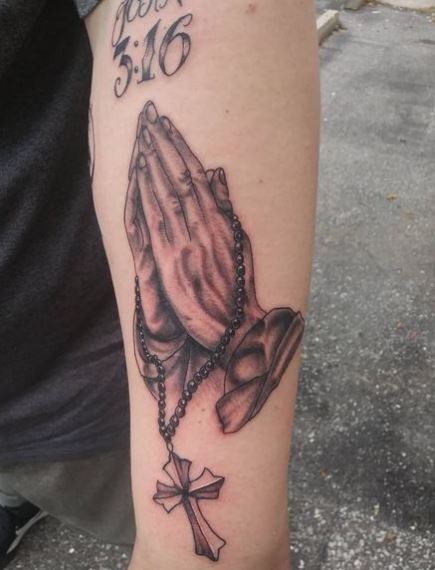 Praying Hands and Rosary Tattoo on Forearm