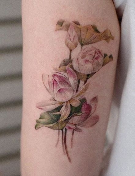 Colorful Bouquet Water Lilies Forearm Tattoo