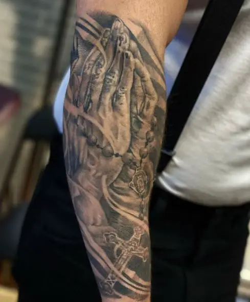 Praying Hands and Rosary Tattoo on Sleeve