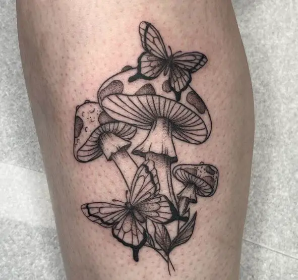Mushrooms and Butterflies Leg Tattoo