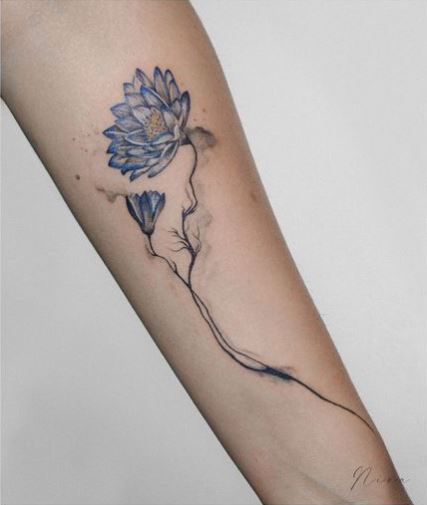 Violet Water Lilies with Branches Forearm Tattoo