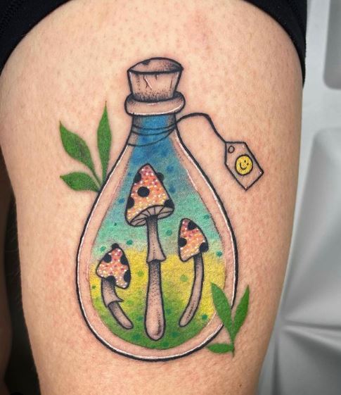 Colorful Jar with Mushrooms Tattoo