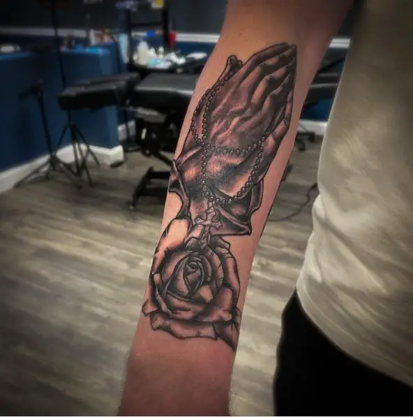 Rose and Praying Hands Rosary Tattoo