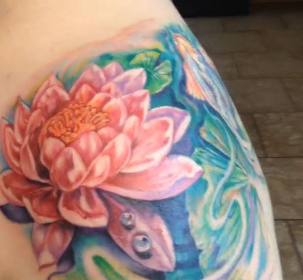 Koi Fish and Colorful Water Lily Shoulder Tattoo