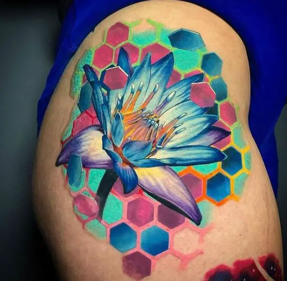 Mosaic Colorful Water Lily Hip Tattoo