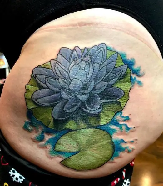 Bleu Water Lily with Lily Pad Hip Tattoo