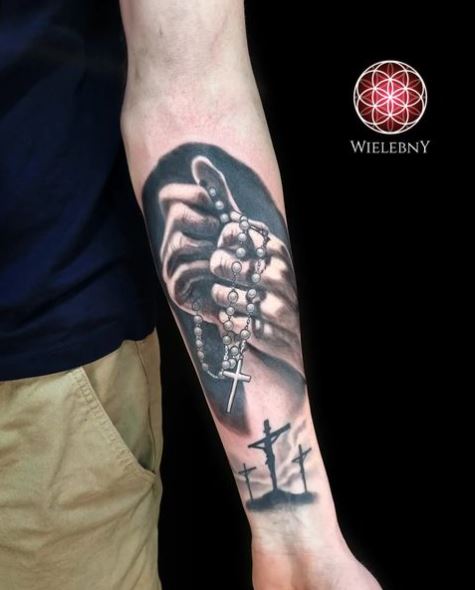 Rosary Praying Hands Tattoo with Cross