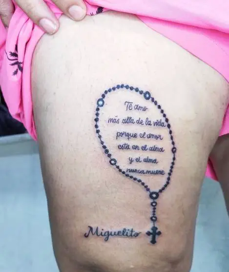 Rosary Tattoo with a Message on Leg