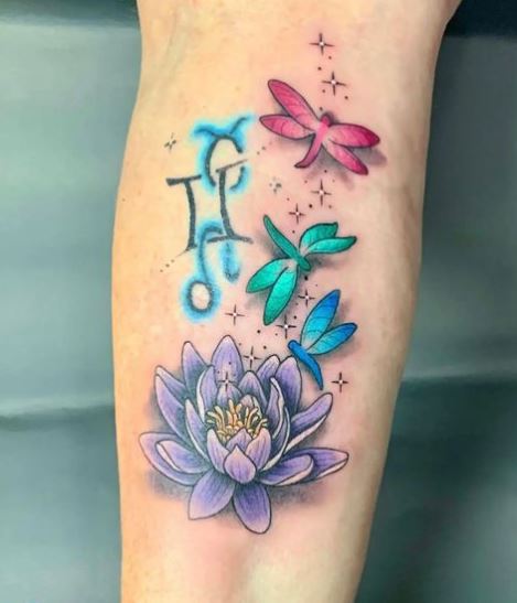 Zodiac Symbols and Dragonflies with Violet Water Lily Tattoo