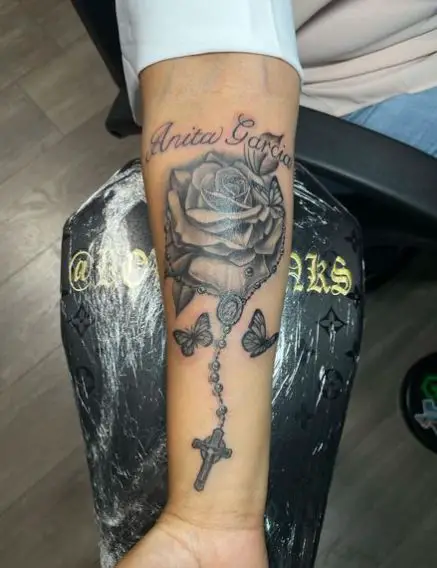 Rosary Rose Tattoo with Butterflies