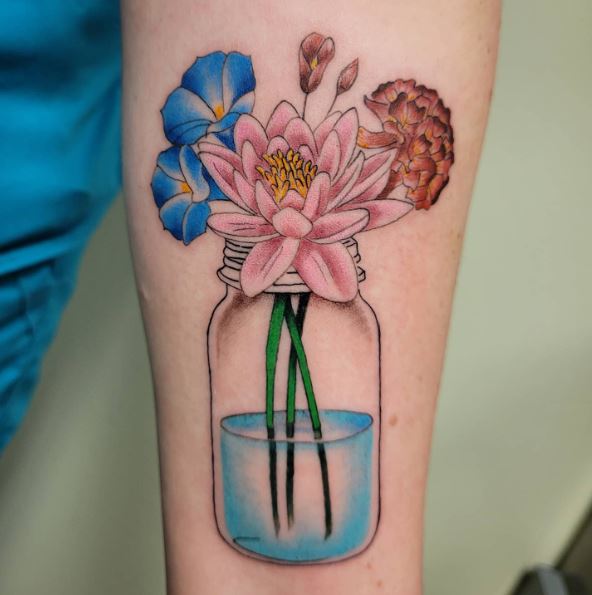 Jar with Colorful Water Lilies Arm Tattoo