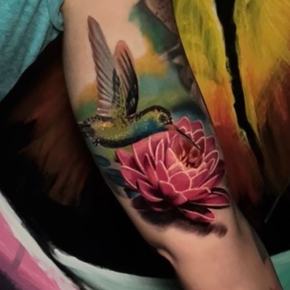 Humming Bird and Colorful Water Lily Arm Tattoo