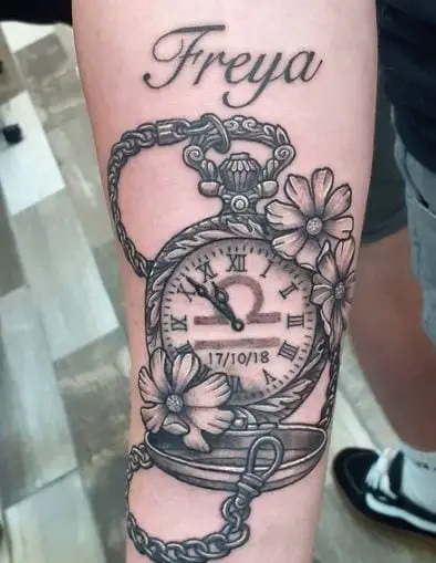 A Pocket Watch Tattoo Detailing Information About Birth