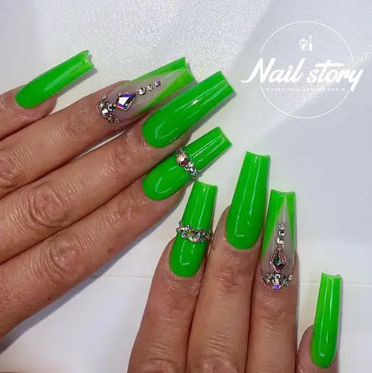 Acrylic Coffin Set with Neon Green Gel & V-tip Accents and Iridescent Crystals