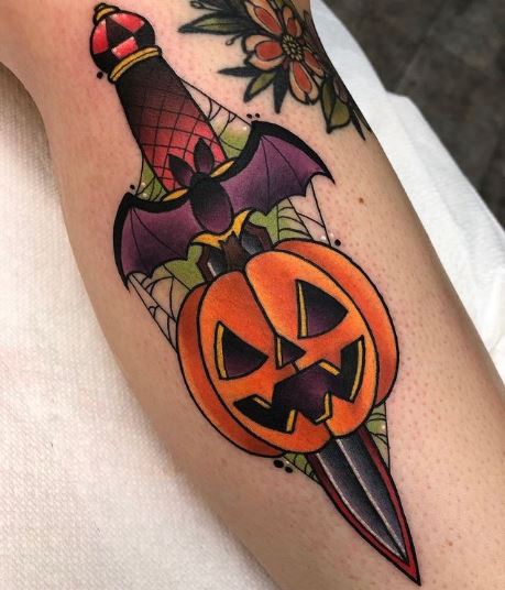 Halloween Pumpkin with Dagger and Bat Tattoo
