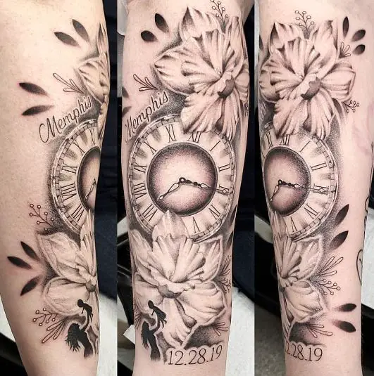 Beautiful Floral Clock Piece with Mother and Child Tattoo