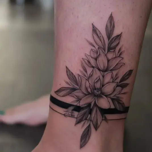 Black Anklet Floral Tattoo