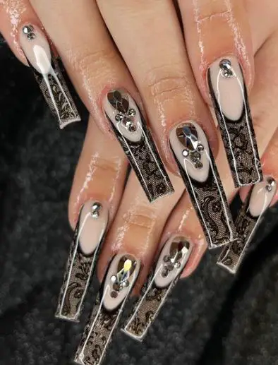 Black Craft Prom Nails With Crystals