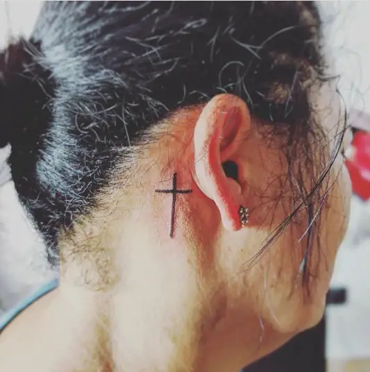 Black Cross Ear Tattoo Piece