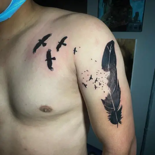 Black Feather and Crows Flying Arm Tattoo