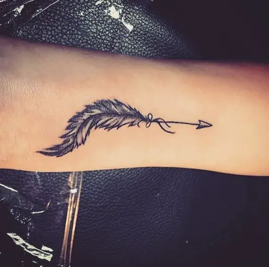 Black Feather Arm Tattoo with Arrow