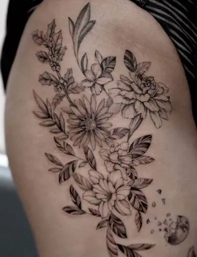 Black Ink Floral Tattoo