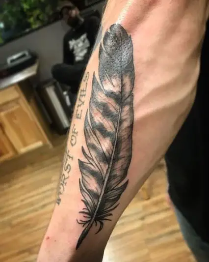 Black Turkey Feather Tattoo with Quote
