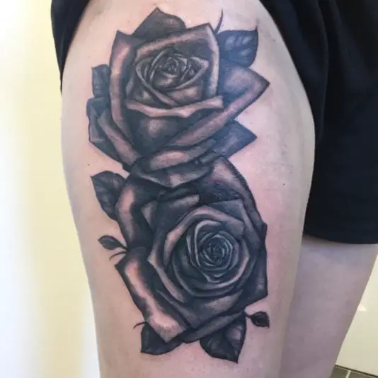 Black Twin Roses Thigh Tattoo