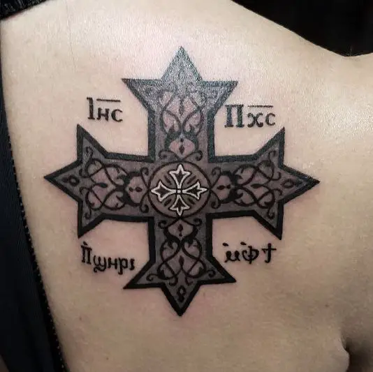 Black and Grey Coptic Cross Tattoo Piece