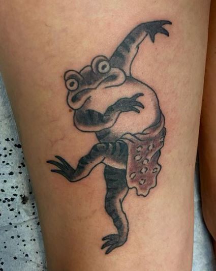 Black and Grey Dancing Japanese Frog Tattoo