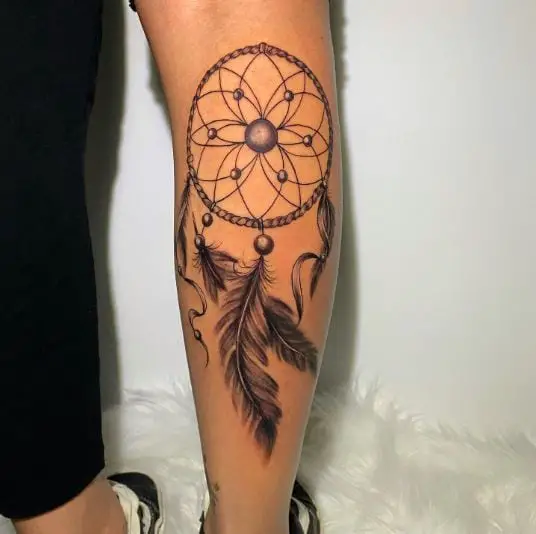 Black and Grey Dream Catcher Tattoo with Feathers
