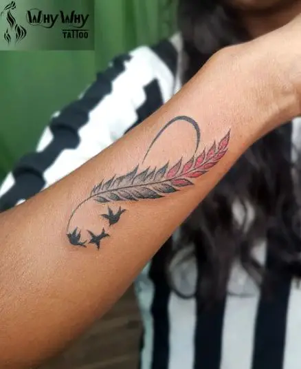 Black and Red Infinity Feather Tattoo with Birds