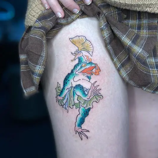 Blue Dancing Frog Tattoo On Thigh