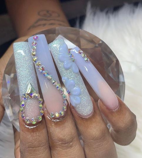 Blue Long Nails With 3D Flowers and Stones