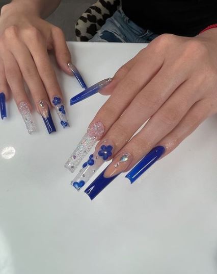 Blue Prom Nails With 3D Flowers