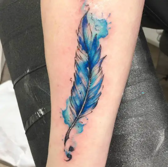 Blue Water Colored Quill Tattoo