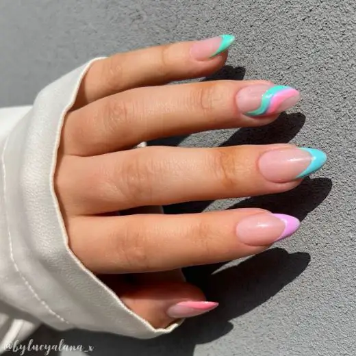 Blue and Pink French Nails with Swirls