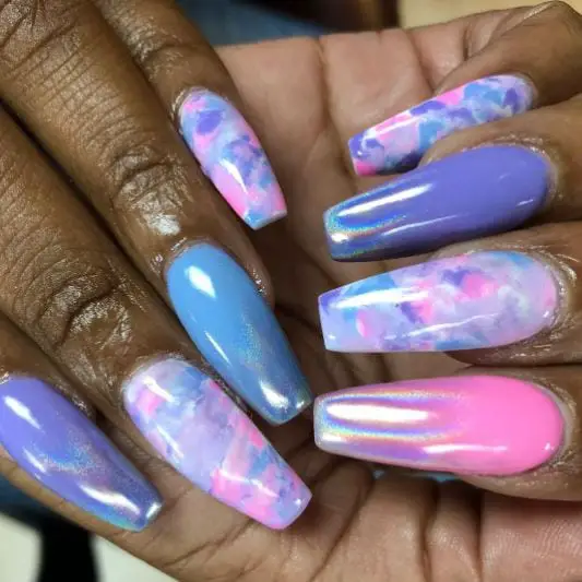Blue and Pink Metallic Candy Nails