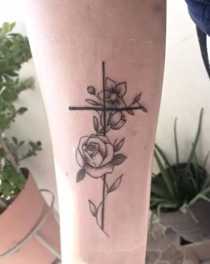 Bold Line Cross and Flowers Tattoo