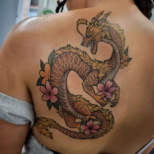 Brown Dragon Floral Tattoo