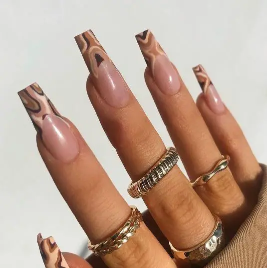 Brown Marble Swirl Tips On Natural Color Nails