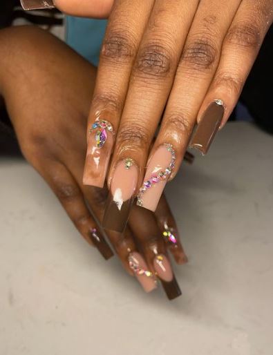 Brown Nails With Rhinestones