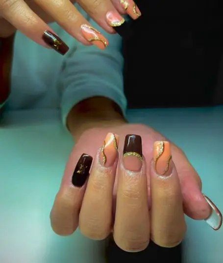 Brown and Gold Mix Nails