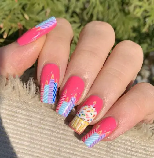 Candles and Cupcake Print On Pink Nails