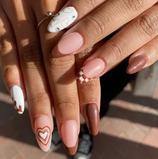 Check and Hearts Designed Brown Nails