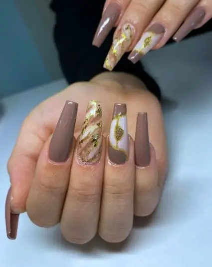 Chocolate Brown Nails With Marbles and Gold Glitter