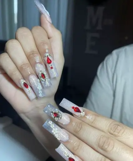 Classic White Nails With Rubies