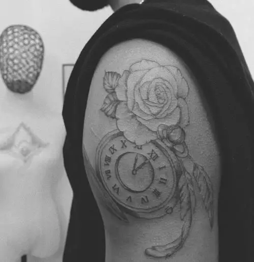 Clock Rose and Feather Tattoo